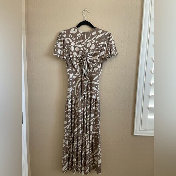 CAbi Swoon Brown Printed Faux Wrap Cinch Back Style #6147 Maxi Dress S - Picture 4 of 7